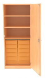 Materialschrank, schmal, mit 12 flachen Schben